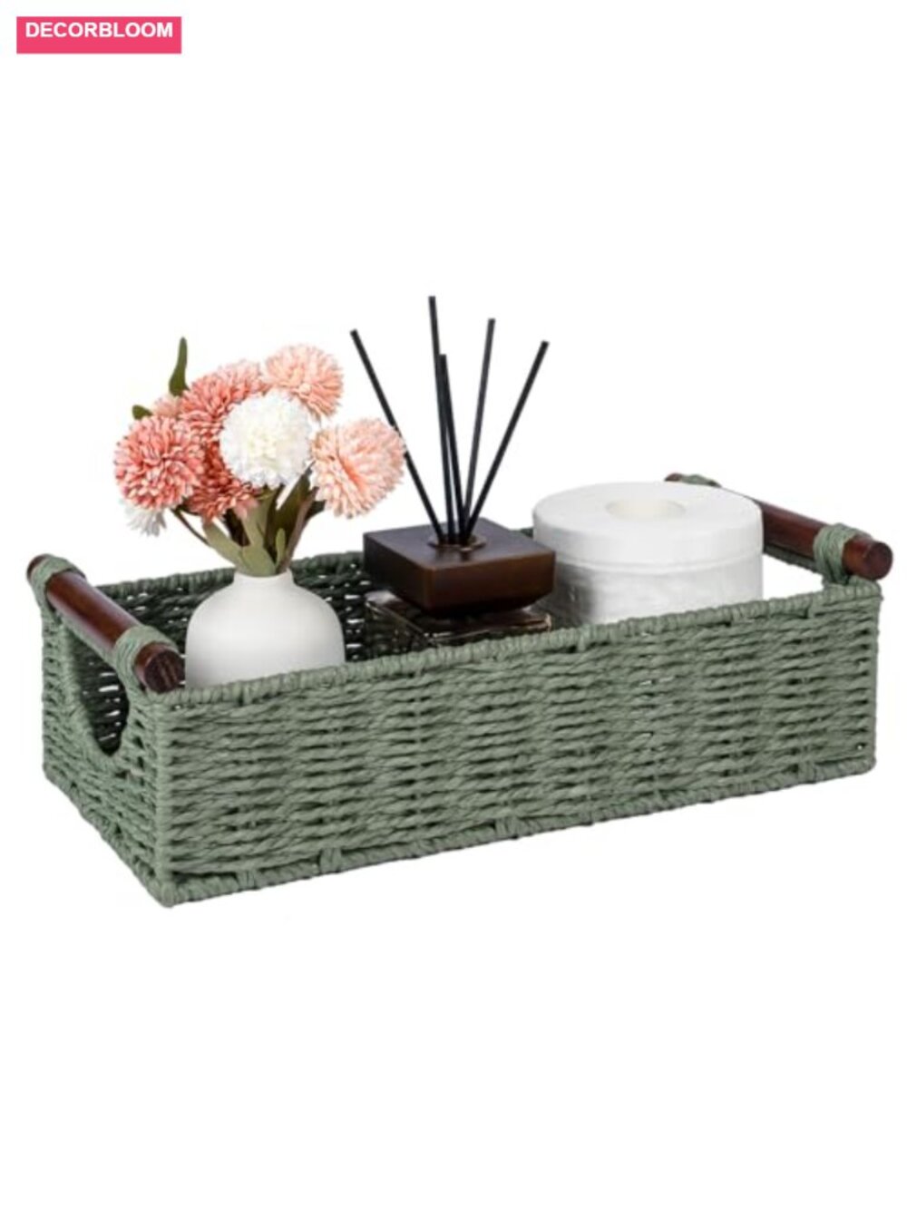 Wicker Toilet Basket Tray Organizer with Cut Out Wooden Handle